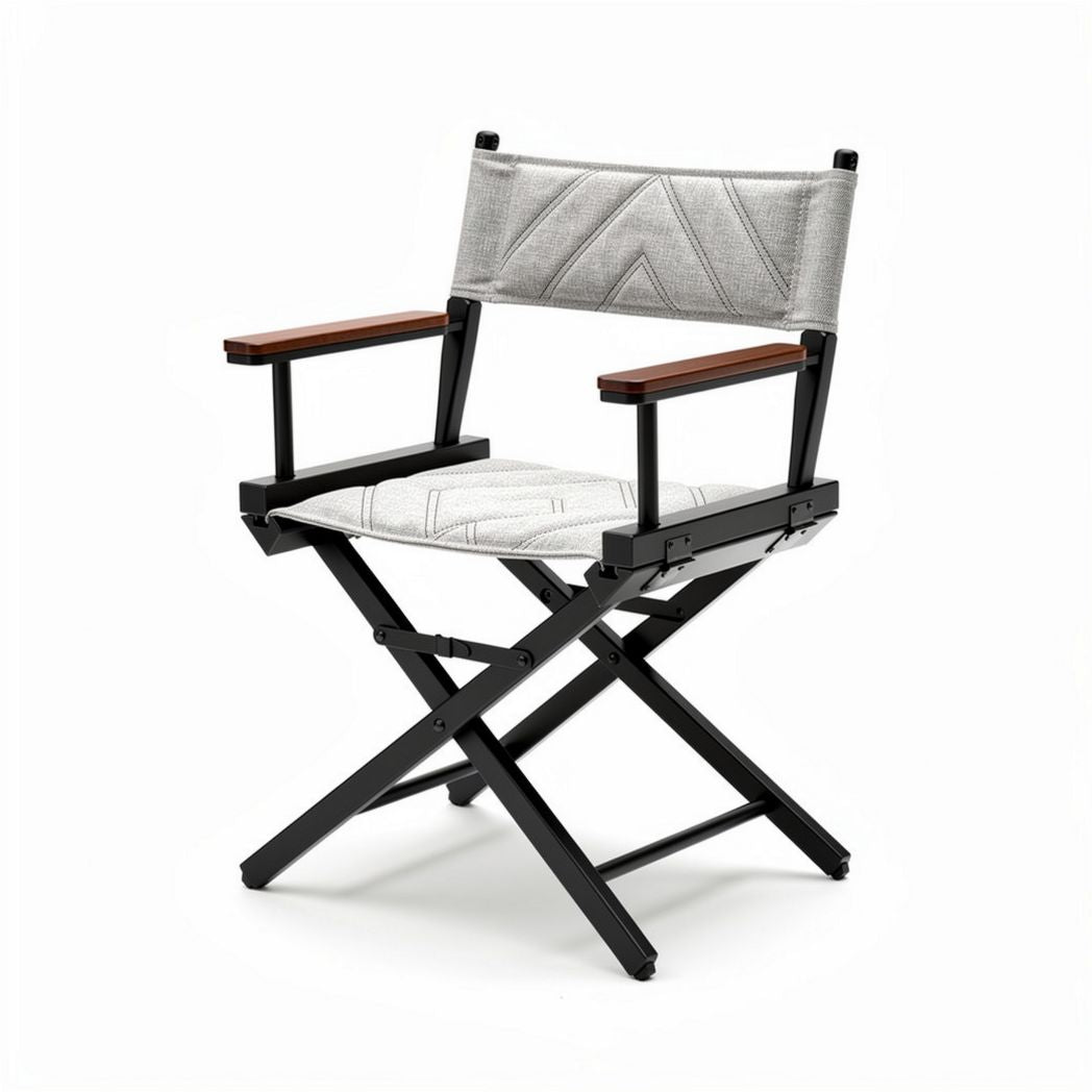 Folding director chair with wooden armrests and durable canvas seat in grey