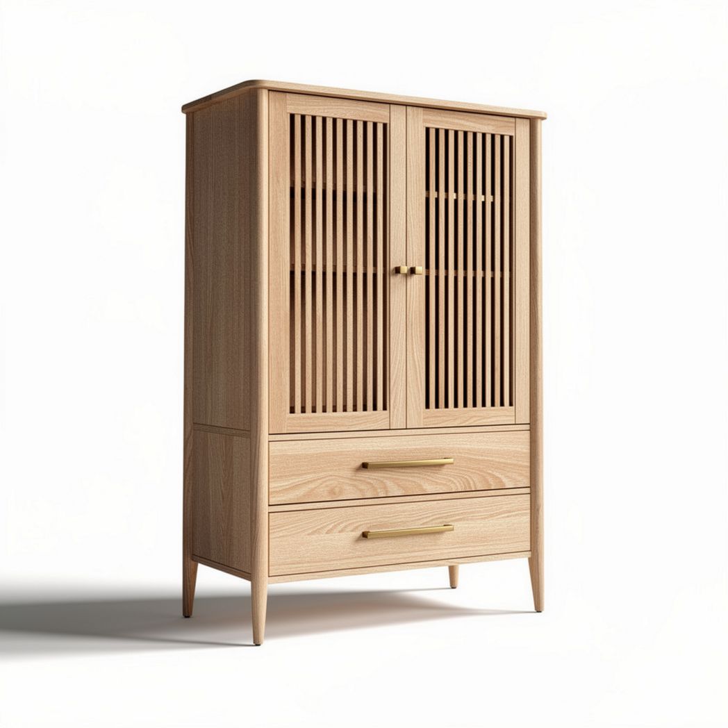 Wooden cabinet with slatted doors two drawers storage 80 x 45 x 120cm