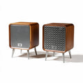 Wooden speaker set with geometric metal grille design suitable for home audio décor 30 x 30 x 35cm