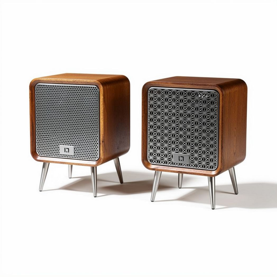 Wooden speaker set with geometric metal grille design suitable for home audio décor 30 x 30 x 35cm