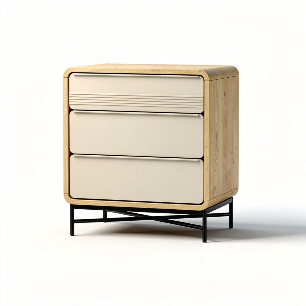 Bamboo nightstand with three drawers in beige and black metal frame