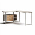 L-shaped computer desk with wood and metal frame in grey and natural finish