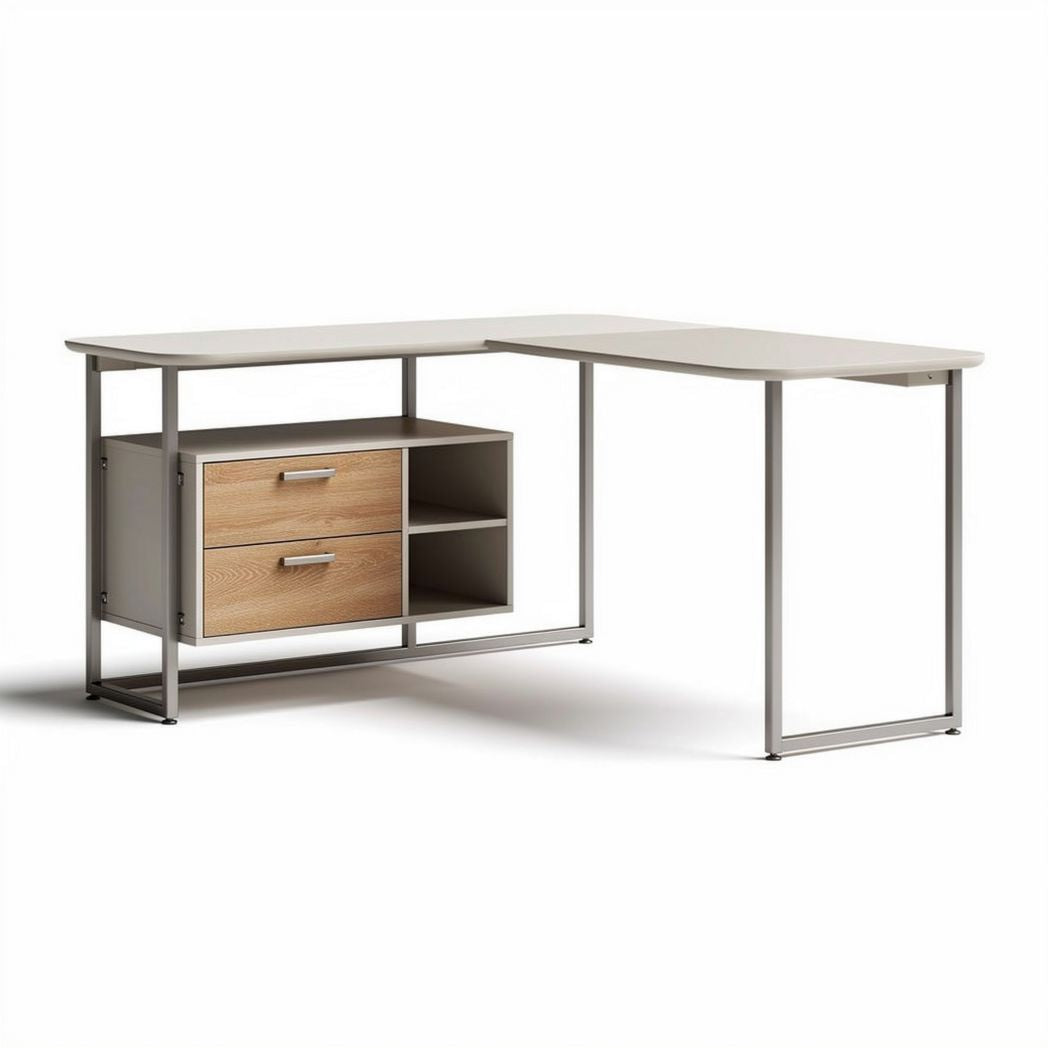 L-shaped computer desk with wood and metal frame in grey and natural finish