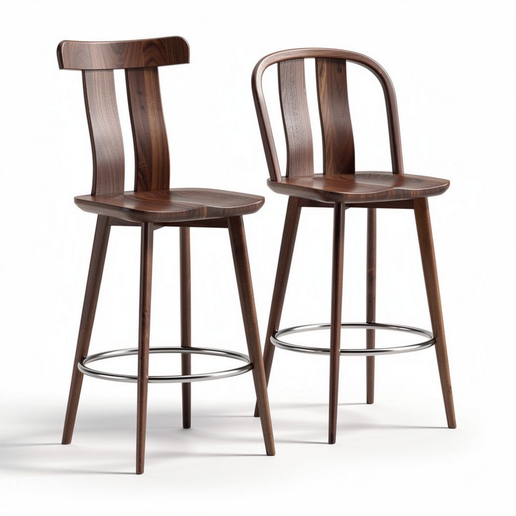 Wooden bar stools with curved back support and metal footrest 45 x 45 x 100cm