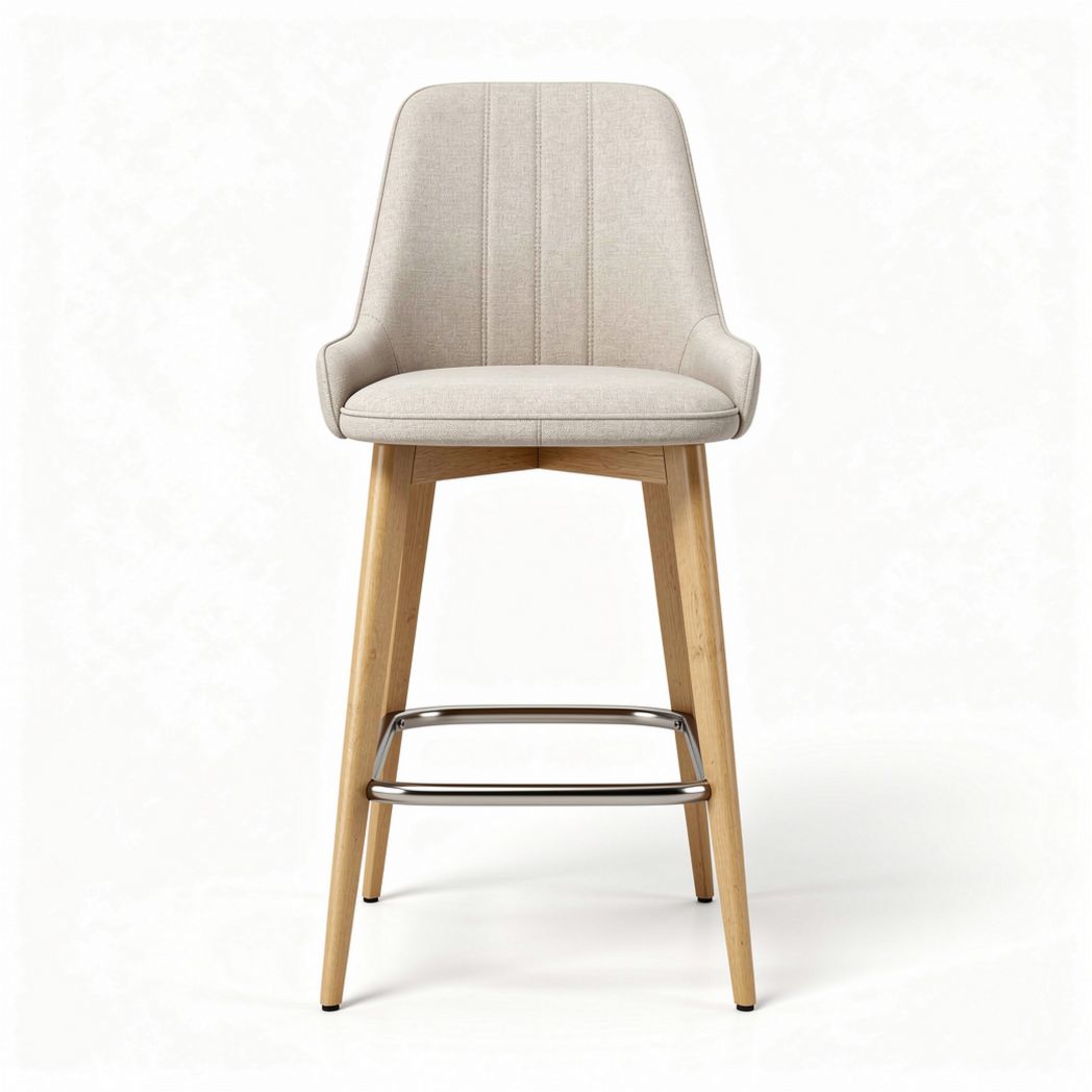 Upholstered bar stool in beige fabric with natural wood legs and chrome footrest 45 x 50 x 100cm