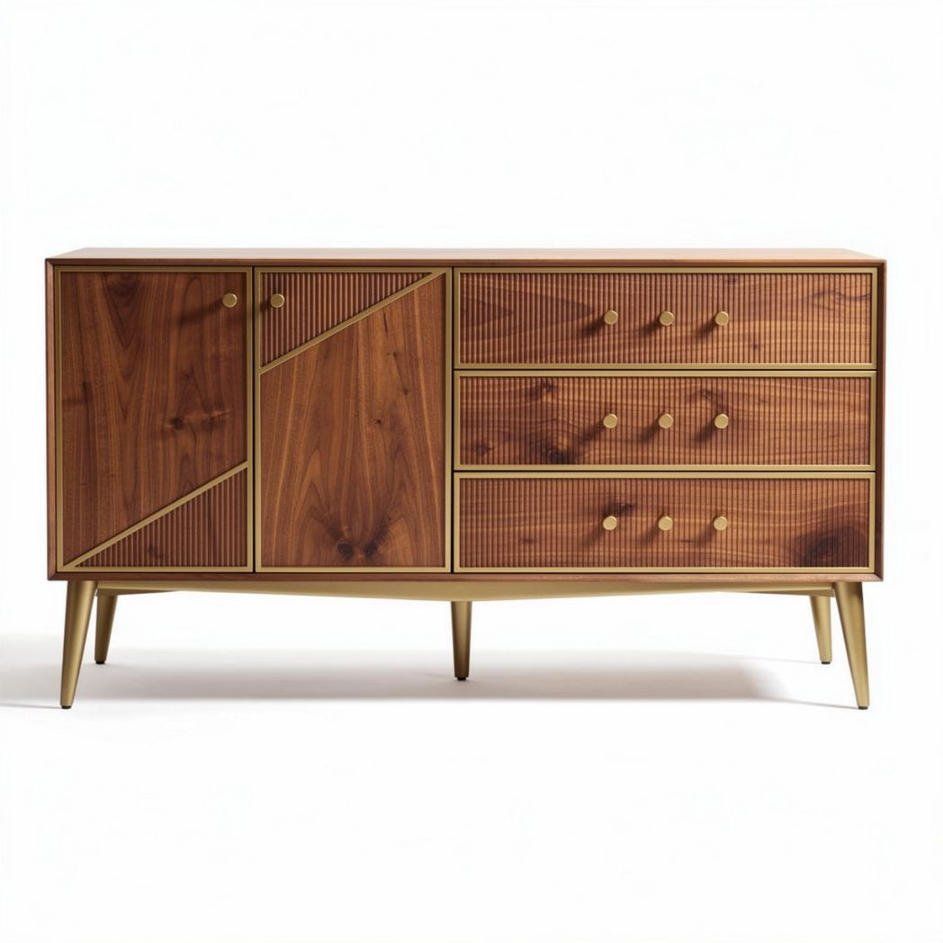 Wooden sideboard with gold accents and geometric design 140 x 40 x 70cm