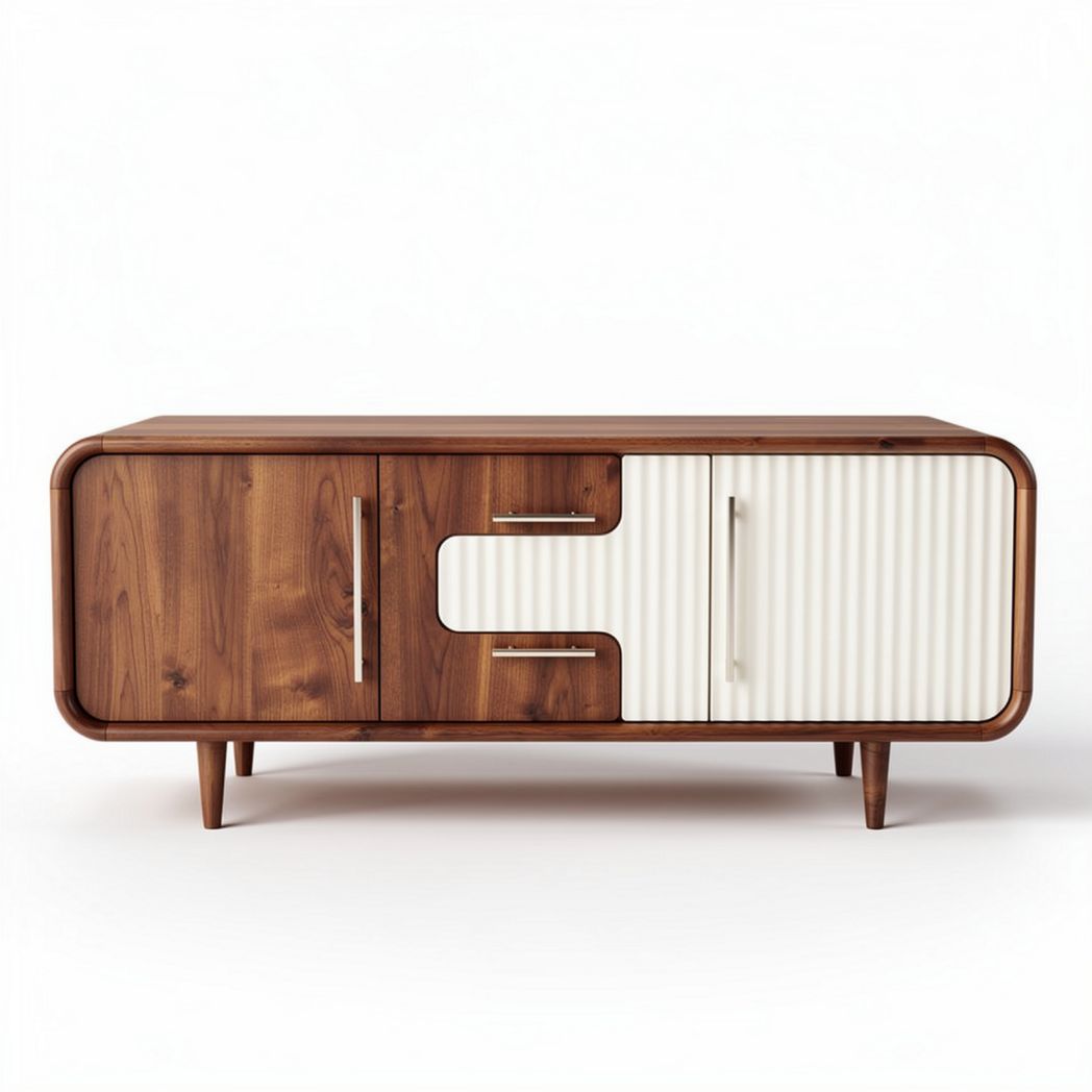 Walnut wood TV stand with white ribbed doors measuring 150 x 45 x 50cm