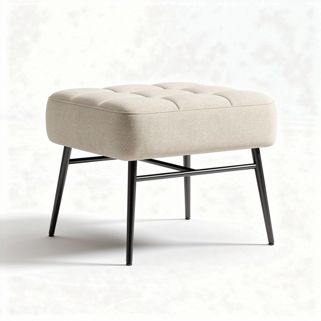 Tufted upholstered ottoman in beige fabric with black metal legs 45 x 45 x 40cm
