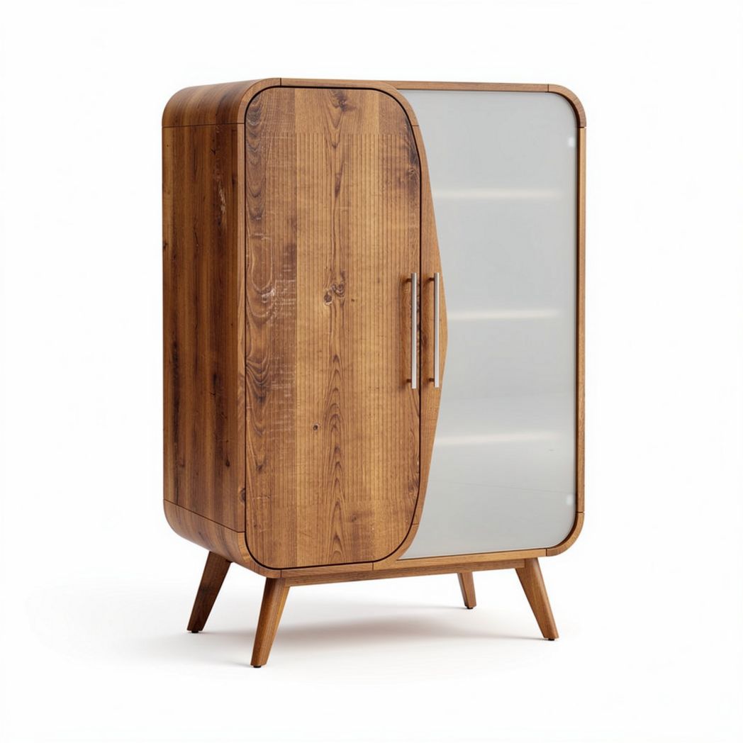 Wooden storage cabinet with glass doors and mid-century modern design 80 x 40 x 120cm