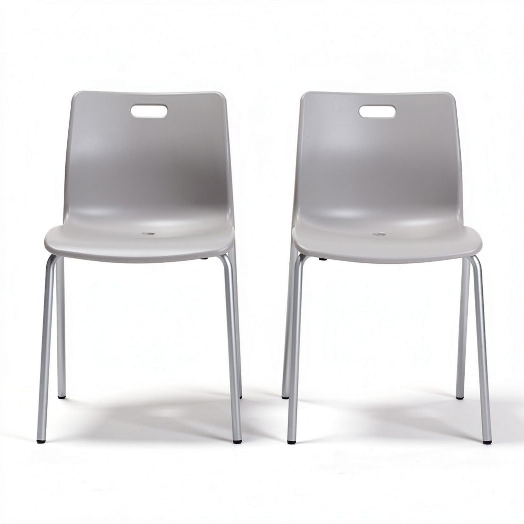 Plastic stacking chairs with metal legs for indoor and outdoor use gray color set of two