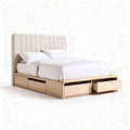 Storage bed with upholstered headboard in natural wood finish 200 x 160 x 100cm