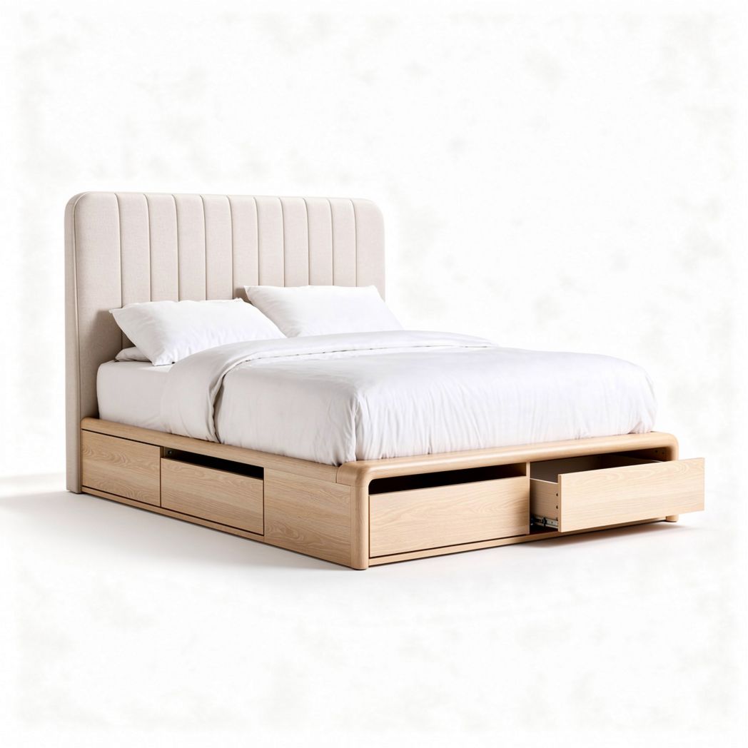 Storage bed with upholstered headboard in natural wood finish 200 x 160 x 100cm