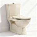 Two-piece elongated toilet with dual flush system in beige color